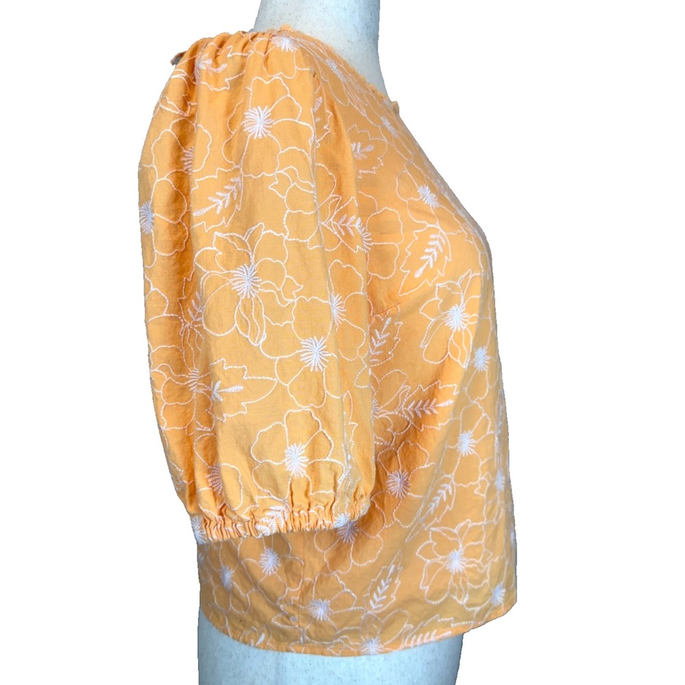 LOFT Orange Floral Embroidered Puff Sleeve Open Back Top Small Bohemian - Picture 3 of 9